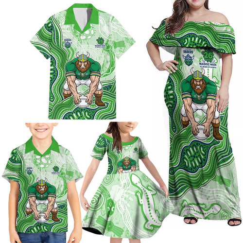 Canberra Raiders NAIDOC Week 2026 Family Matching Off Shoulder Maxi Dress and Hawaiian Shirt First Nations of Australia Aboriginal Mascot Rugby