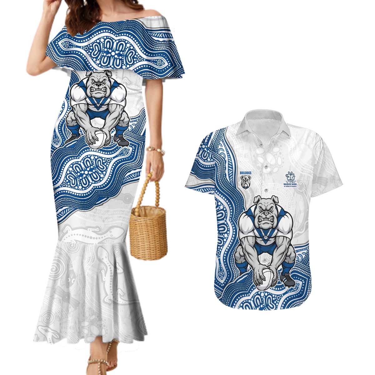 Canterbury-Bankstown Bulldogs NAIDOC Week 2026 Couples Matching Mermaid Dress and Hawaiian Shirt First Nations of Australia Aboriginal Mascot Rugby