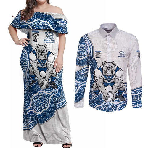 Canterbury-Bankstown Bulldogs NAIDOC Week 2026 Couples Matching Off Shoulder Maxi Dress and Long Sleeve Button Shirt First Nations of Australia Aboriginal Mascot Rugby