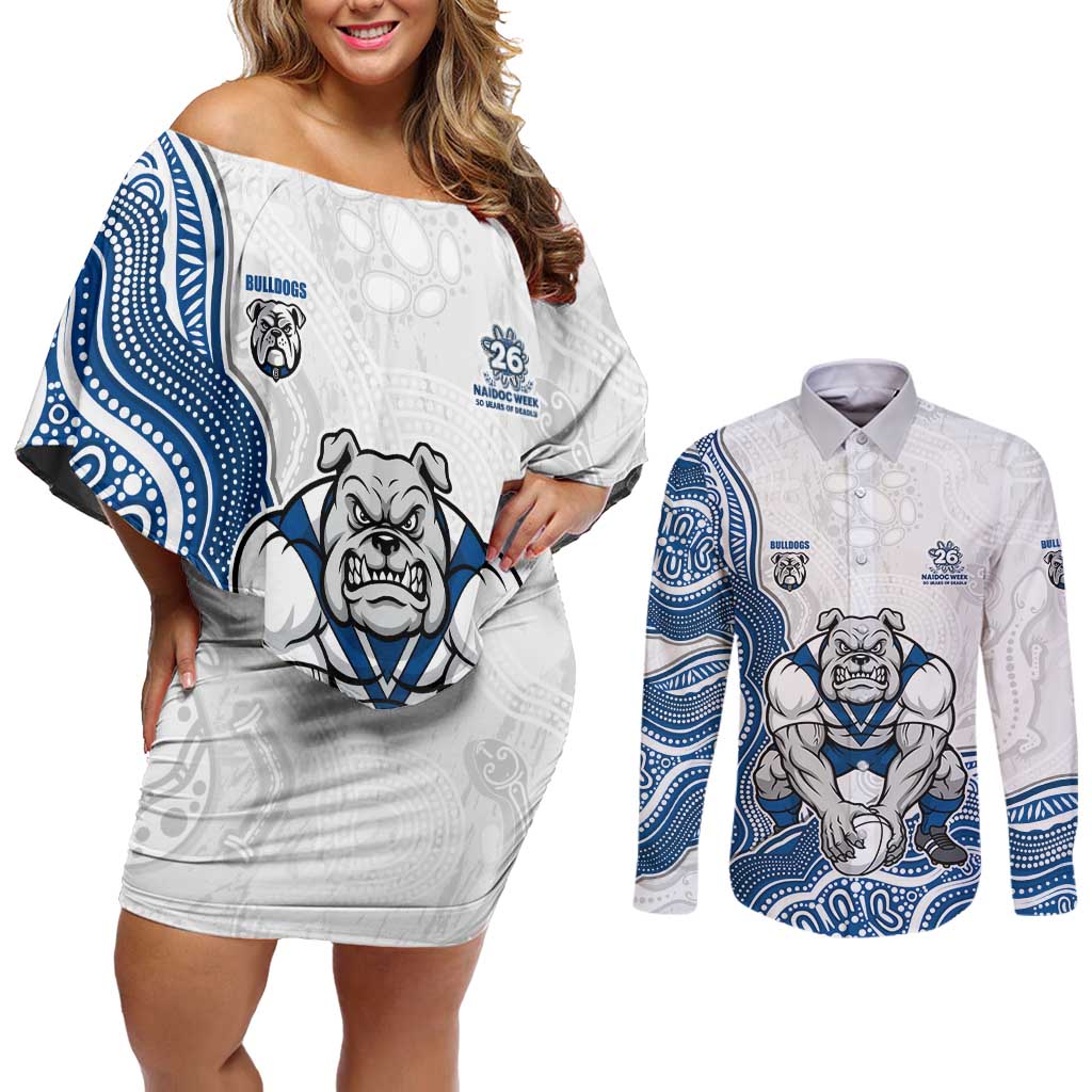 Canterbury-Bankstown Bulldogs NAIDOC Week 2026 Couples Matching Off Shoulder Short Dress and Long Sleeve Button Shirt First Nations of Australia Aboriginal Mascot Rugby
