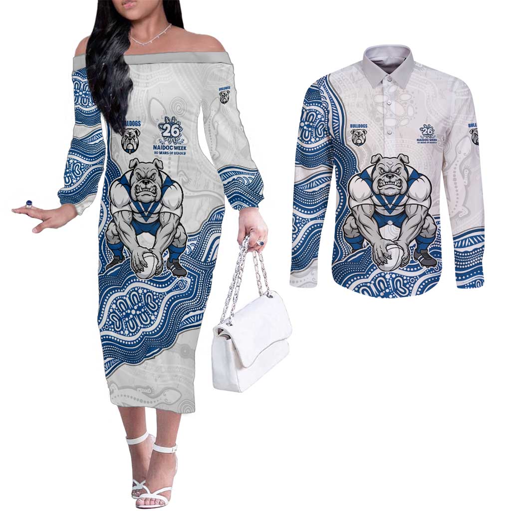 Canterbury-Bankstown Bulldogs NAIDOC Week 2026 Couples Matching Off The Shoulder Long Sleeve Dress and Long Sleeve Button Shirt First Nations of Australia Aboriginal Mascot Rugby