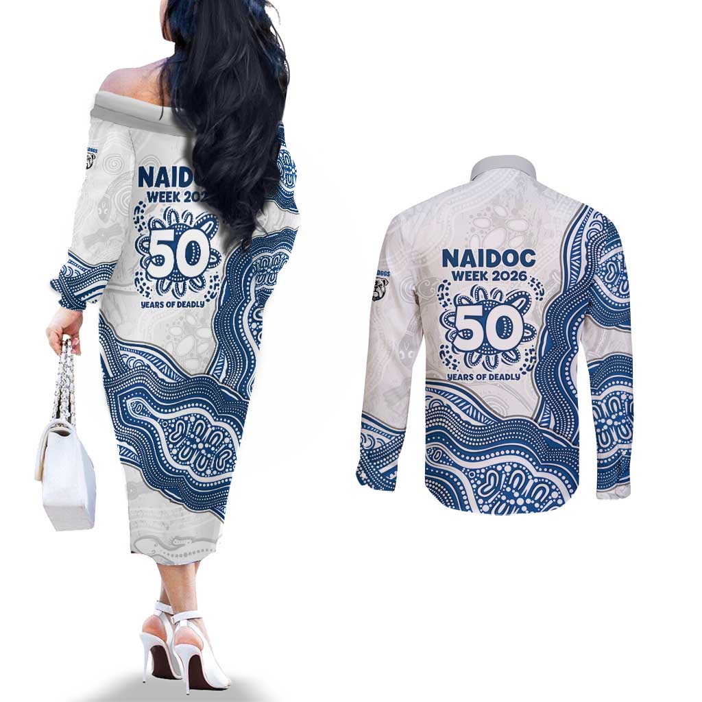 Canterbury-Bankstown Bulldogs NAIDOC Week 2026 Couples Matching Off The Shoulder Long Sleeve Dress and Long Sleeve Button Shirt First Nations of Australia Aboriginal Mascot Rugby