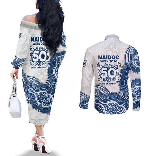 Canterbury-Bankstown Bulldogs NAIDOC Week 2026 Couples Matching Off The Shoulder Long Sleeve Dress and Long Sleeve Button Shirt First Nations of Australia Aboriginal Mascot Rugby