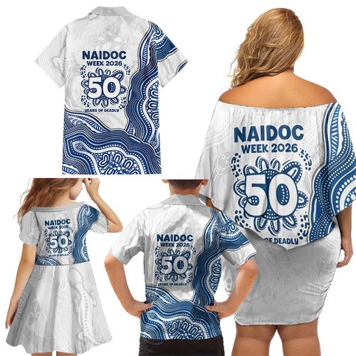 Canterbury-Bankstown Bulldogs NAIDOC Week 2026 Family Matching Off Shoulder Short Dress and Hawaiian Shirt First Nations of Australia Aboriginal Mascot Rugby