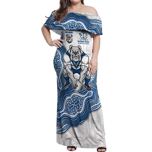 Canterbury-Bankstown Bulldogs NAIDOC Week 2026 Off Shoulder Maxi Dress First Nations of Australia Aboriginal Mascot Rugby