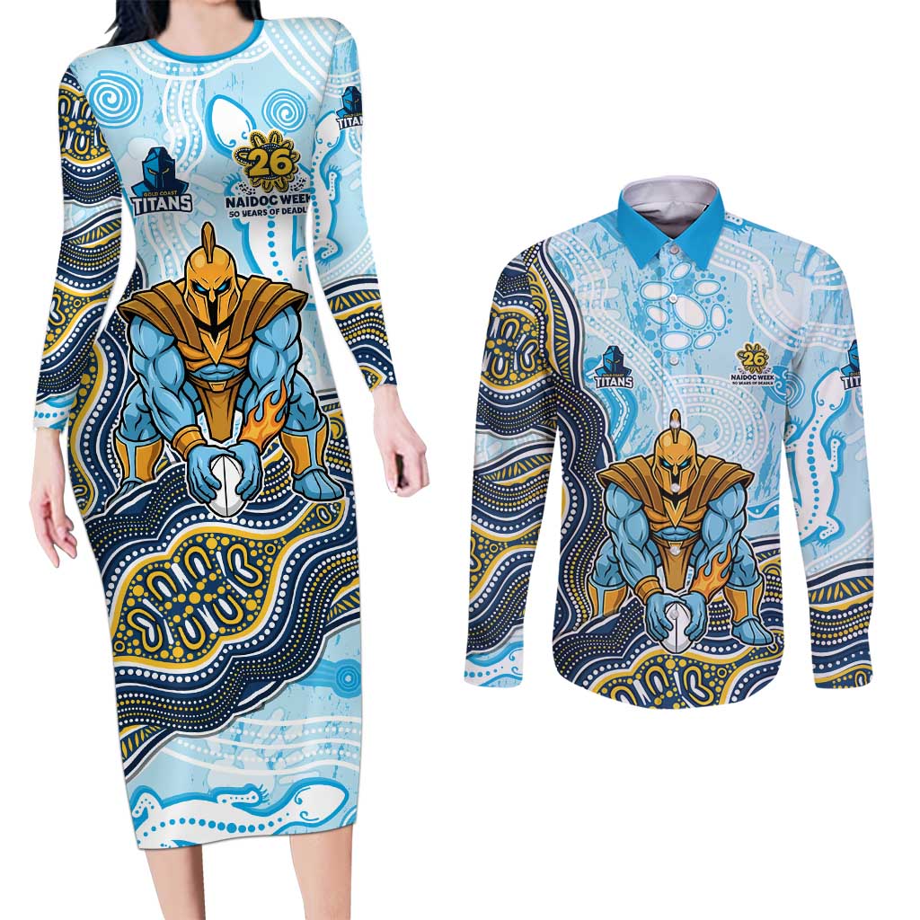 Gold Coast Titans NAIDOC Week 2026 Couples Matching Long Sleeve Bodycon Dress and Long Sleeve Button Shirt First Nations of Australia Aboriginal Mascot Rugby