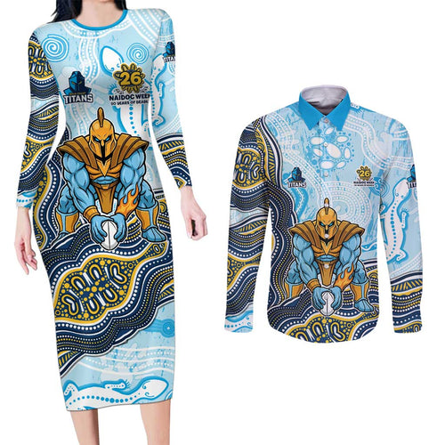 Gold Coast Titans NAIDOC Week 2026 Couples Matching Long Sleeve Bodycon Dress and Long Sleeve Button Shirt First Nations of Australia Aboriginal Mascot Rugby