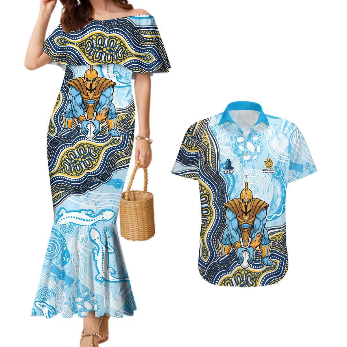 Gold Coast Titans NAIDOC Week 2026 Couples Matching Mermaid Dress and Hawaiian Shirt First Nations of Australia Aboriginal Mascot Rugby