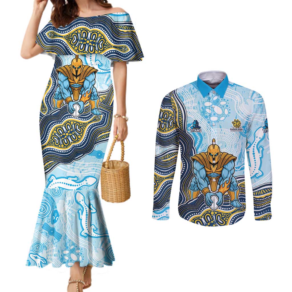 Gold Coast Titans NAIDOC Week 2026 Couples Matching Mermaid Dress and Long Sleeve Button Shirt First Nations of Australia Aboriginal Mascot Rugby