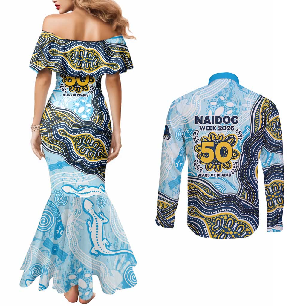 Gold Coast Titans NAIDOC Week 2026 Couples Matching Mermaid Dress and Long Sleeve Button Shirt First Nations of Australia Aboriginal Mascot Rugby