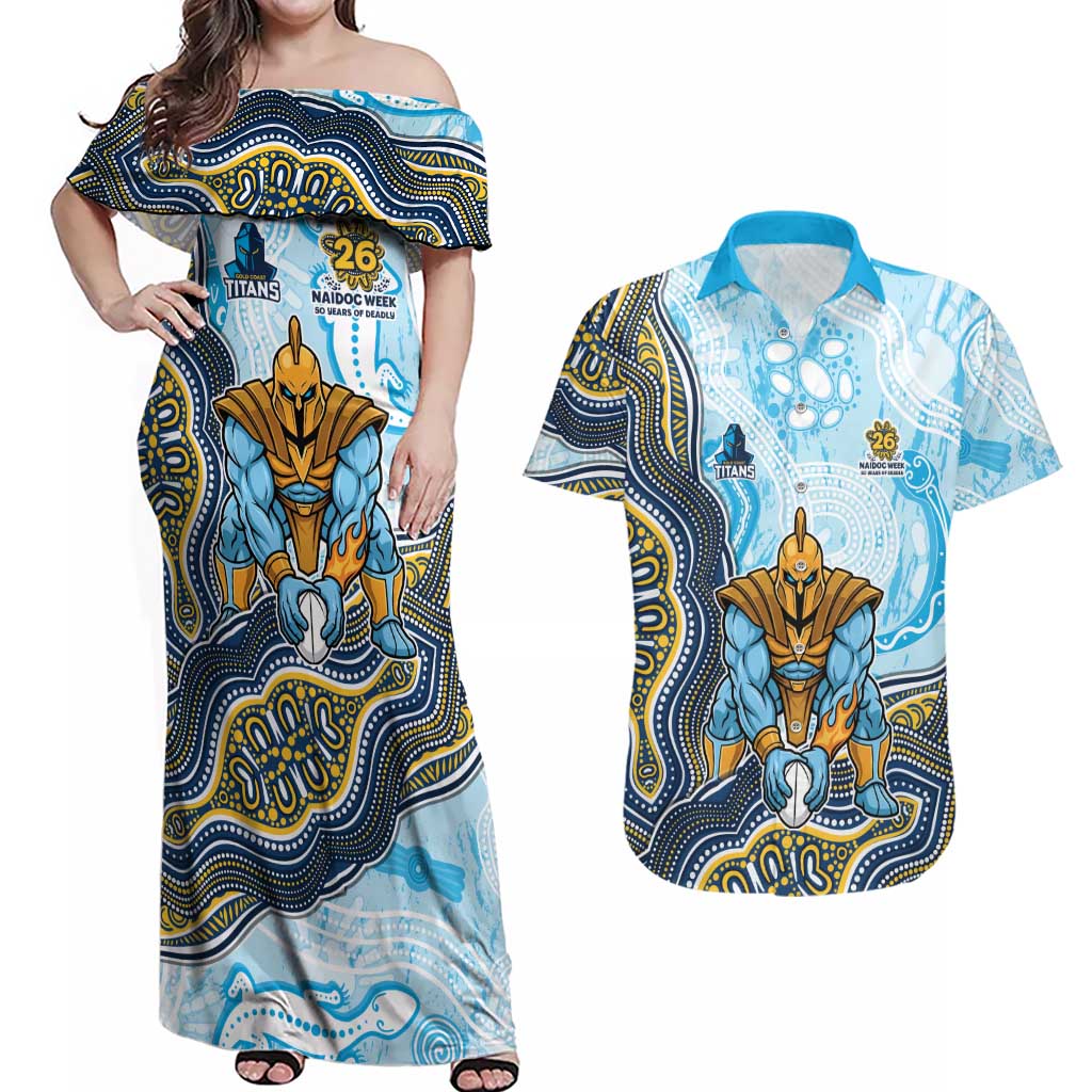 Gold Coast Titans NAIDOC Week 2026 Couples Matching Off Shoulder Maxi Dress and Hawaiian Shirt First Nations of Australia Aboriginal Mascot Rugby