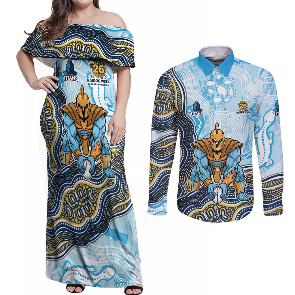 Gold Coast Titans NAIDOC Week 2026 Couples Matching Off Shoulder Maxi Dress and Long Sleeve Button Shirt First Nations of Australia Aboriginal Mascot Rugby