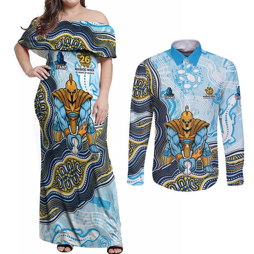Gold Coast Titans NAIDOC Week 2026 Couples Matching Off Shoulder Maxi Dress and Long Sleeve Button Shirt First Nations of Australia Aboriginal Mascot Rugby