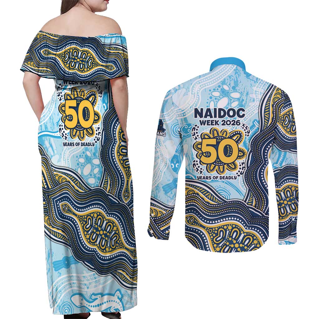 Gold Coast Titans NAIDOC Week 2026 Couples Matching Off Shoulder Maxi Dress and Long Sleeve Button Shirt First Nations of Australia Aboriginal Mascot Rugby