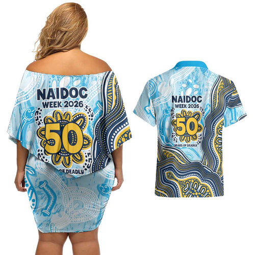 Gold Coast Titans NAIDOC Week 2026 Couples Matching Off Shoulder Short Dress and Hawaiian Shirt First Nations of Australia Aboriginal Mascot Rugby