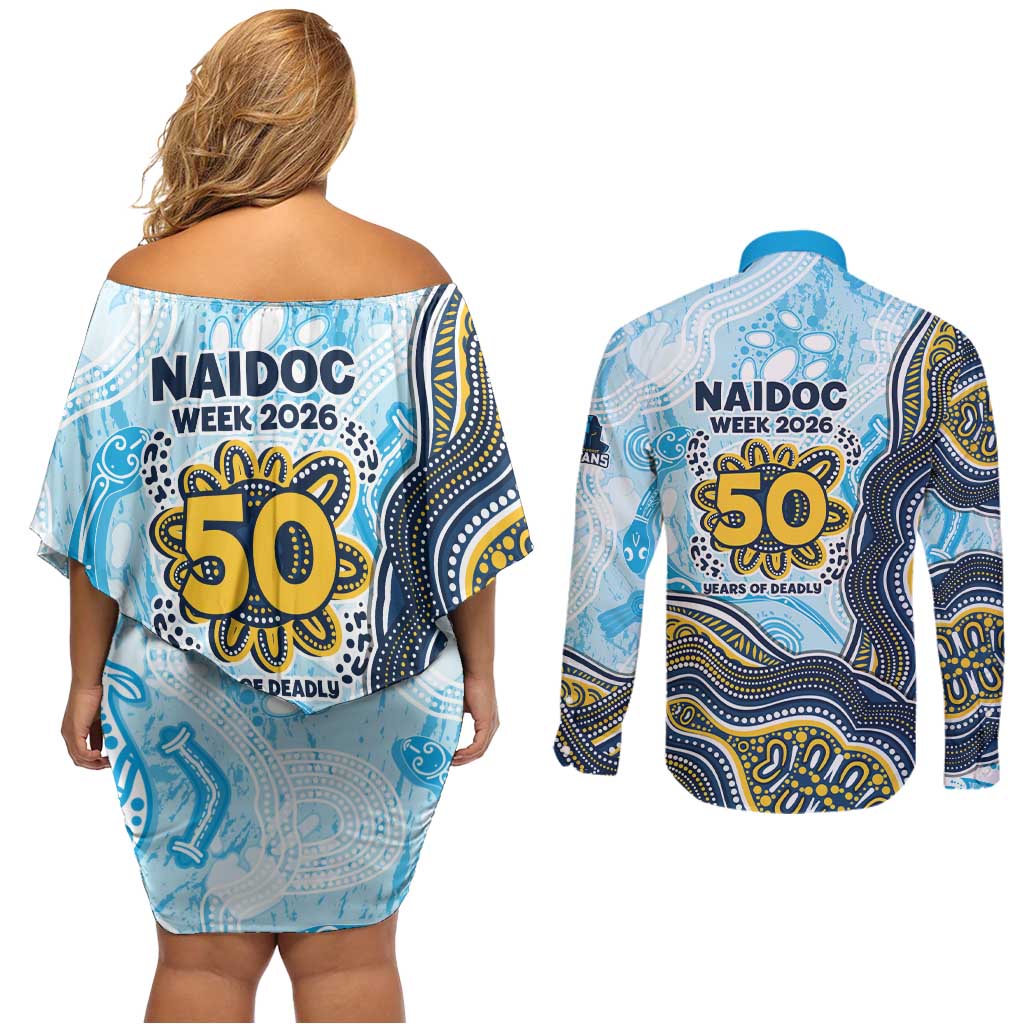 Gold Coast Titans NAIDOC Week 2026 Couples Matching Off Shoulder Short Dress and Long Sleeve Button Shirt First Nations of Australia Aboriginal Mascot Rugby