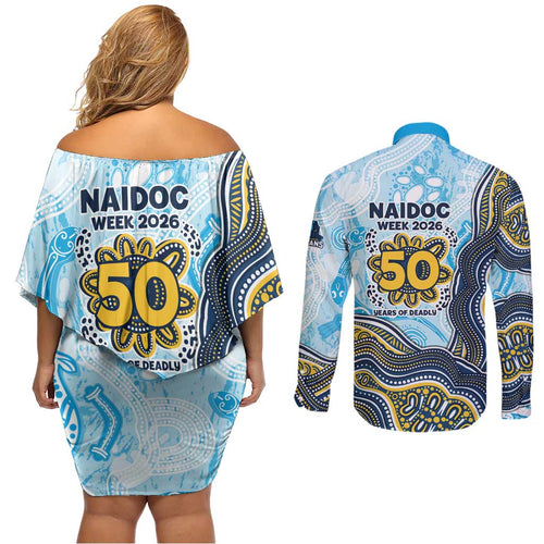 Gold Coast Titans NAIDOC Week 2026 Couples Matching Off Shoulder Short Dress and Long Sleeve Button Shirt First Nations of Australia Aboriginal Mascot Rugby