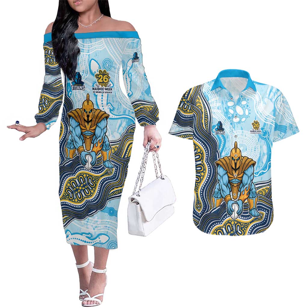 Gold Coast Titans NAIDOC Week 2026 Couples Matching Off The Shoulder Long Sleeve Dress and Hawaiian Shirt First Nations of Australia Aboriginal Mascot Rugby