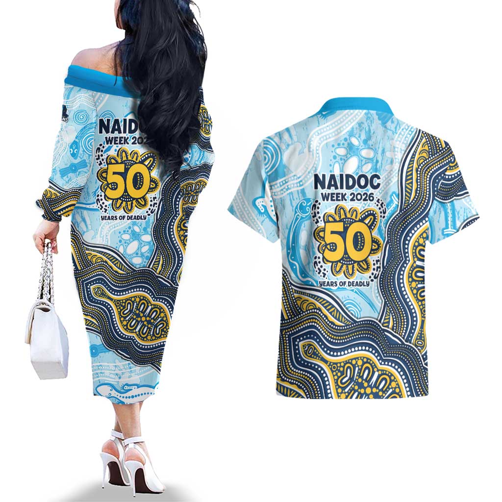 Gold Coast Titans NAIDOC Week 2026 Couples Matching Off The Shoulder Long Sleeve Dress and Hawaiian Shirt First Nations of Australia Aboriginal Mascot Rugby