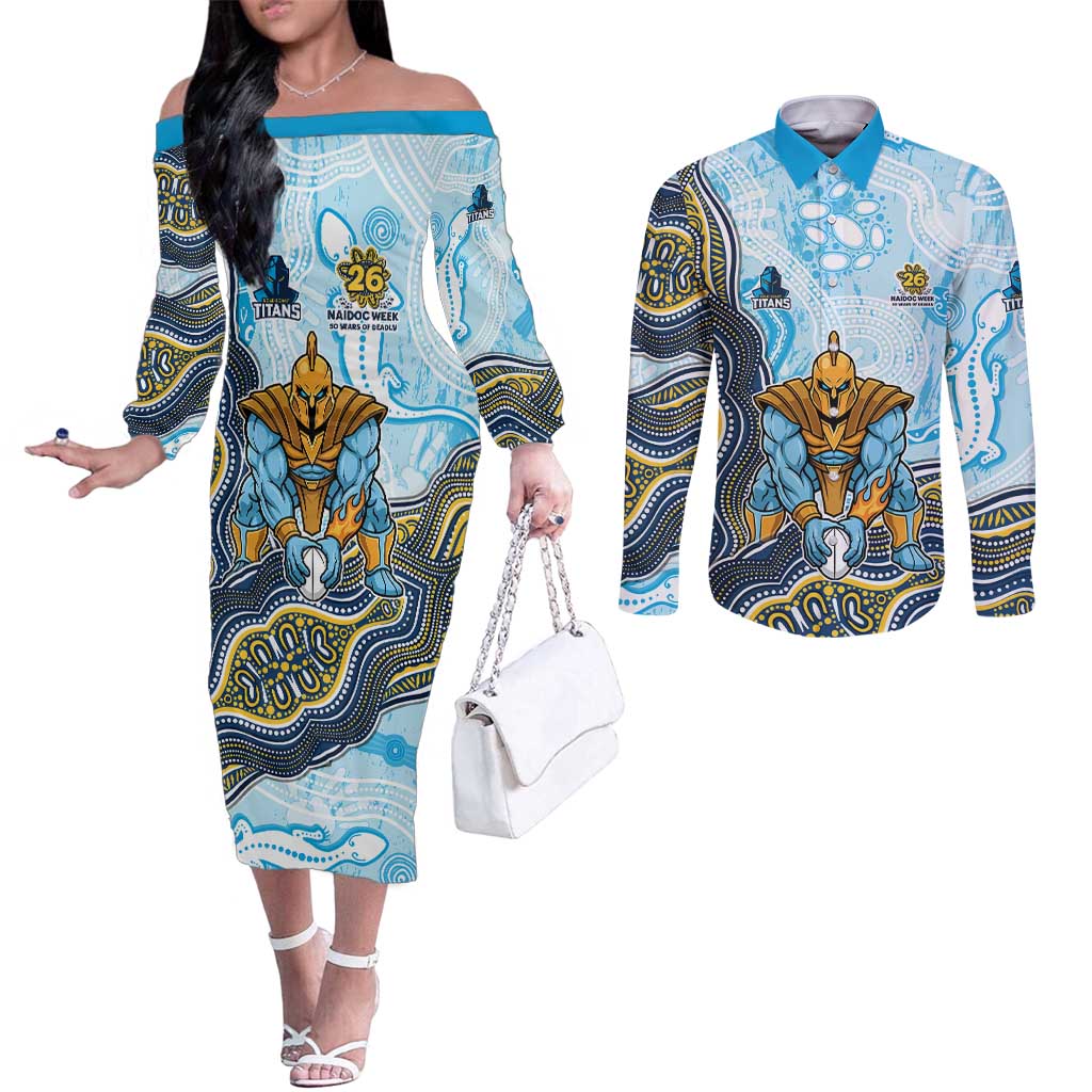 Gold Coast Titans NAIDOC Week 2026 Couples Matching Off The Shoulder Long Sleeve Dress and Long Sleeve Button Shirt First Nations of Australia Aboriginal Mascot Rugby