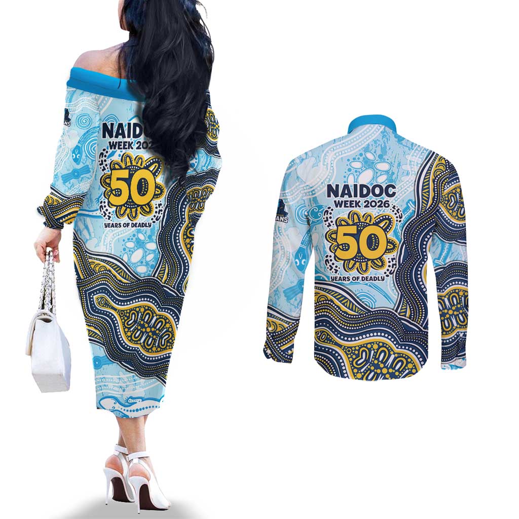Gold Coast Titans NAIDOC Week 2026 Couples Matching Off The Shoulder Long Sleeve Dress and Long Sleeve Button Shirt First Nations of Australia Aboriginal Mascot Rugby