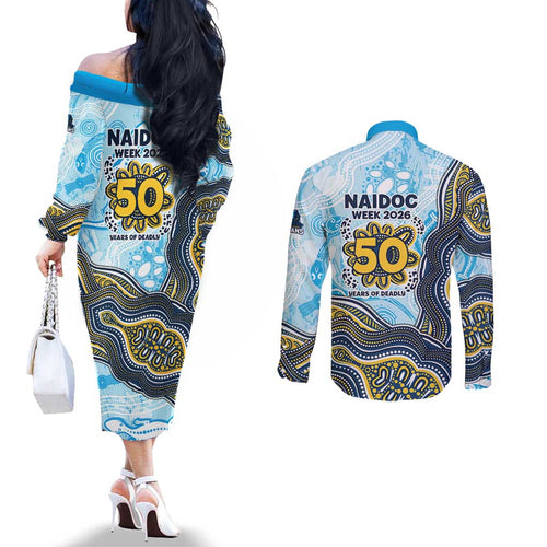 Gold Coast Titans NAIDOC Week 2026 Couples Matching Off The Shoulder Long Sleeve Dress and Long Sleeve Button Shirt First Nations of Australia Aboriginal Mascot Rugby