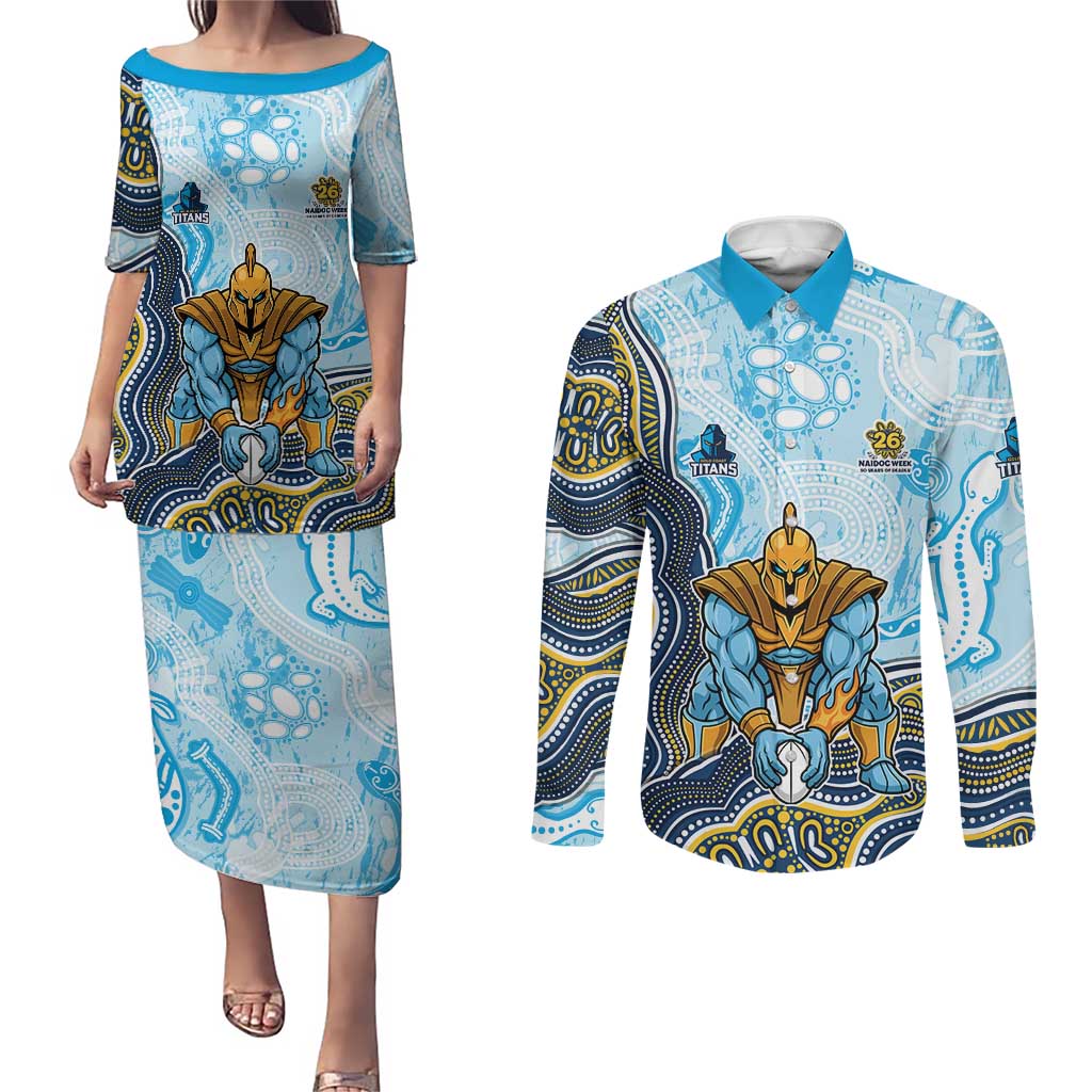 Gold Coast Titans NAIDOC Week 2026 Couples Matching Puletasi and Long Sleeve Button Shirt First Nations of Australia Aboriginal Mascot Rugby