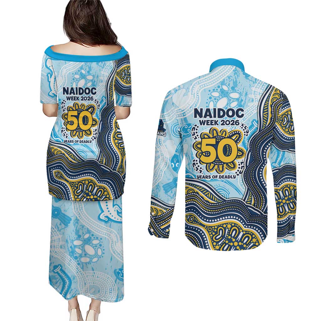 Gold Coast Titans NAIDOC Week 2026 Couples Matching Puletasi and Long Sleeve Button Shirt First Nations of Australia Aboriginal Mascot Rugby