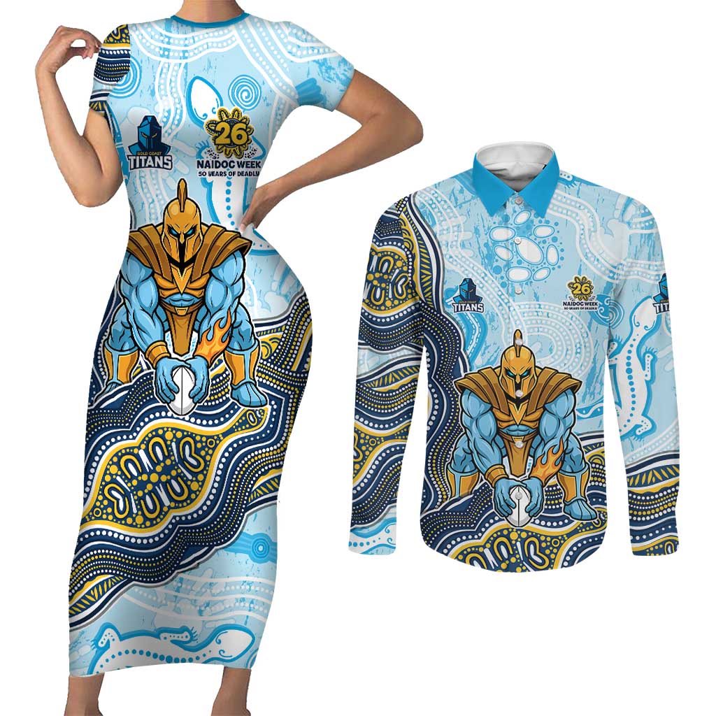 Gold Coast Titans NAIDOC Week 2026 Couples Matching Short Sleeve Bodycon Dress and Long Sleeve Button Shirt First Nations of Australia Aboriginal Mascot Rugby