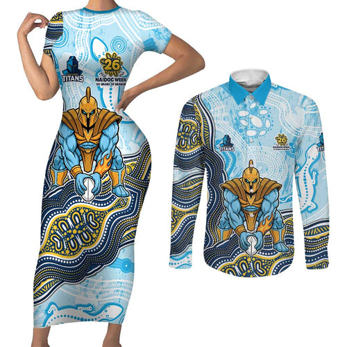 Gold Coast Titans NAIDOC Week 2026 Couples Matching Short Sleeve Bodycon Dress and Long Sleeve Button Shirt First Nations of Australia Aboriginal Mascot Rugby