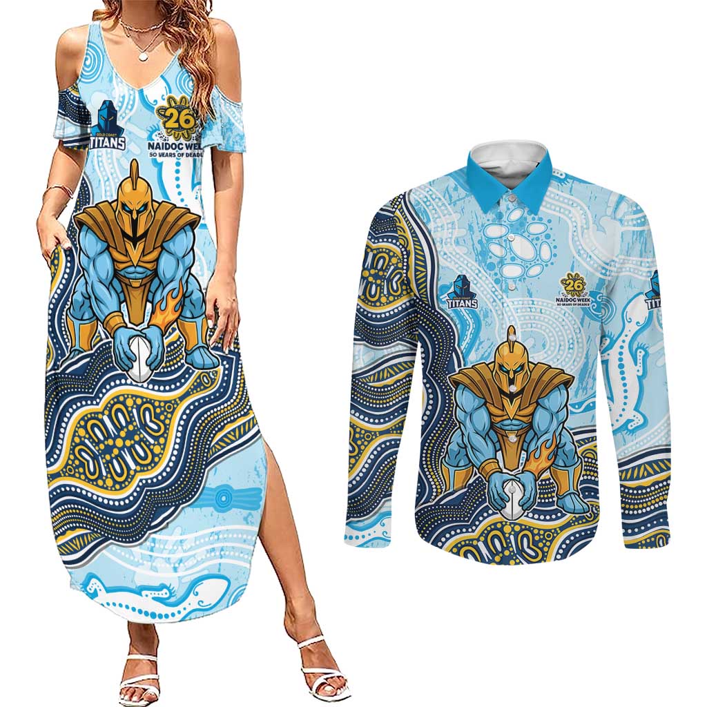 Gold Coast Titans NAIDOC Week 2026 Couples Matching Summer Maxi Dress and Long Sleeve Button Shirt First Nations of Australia Aboriginal Mascot Rugby