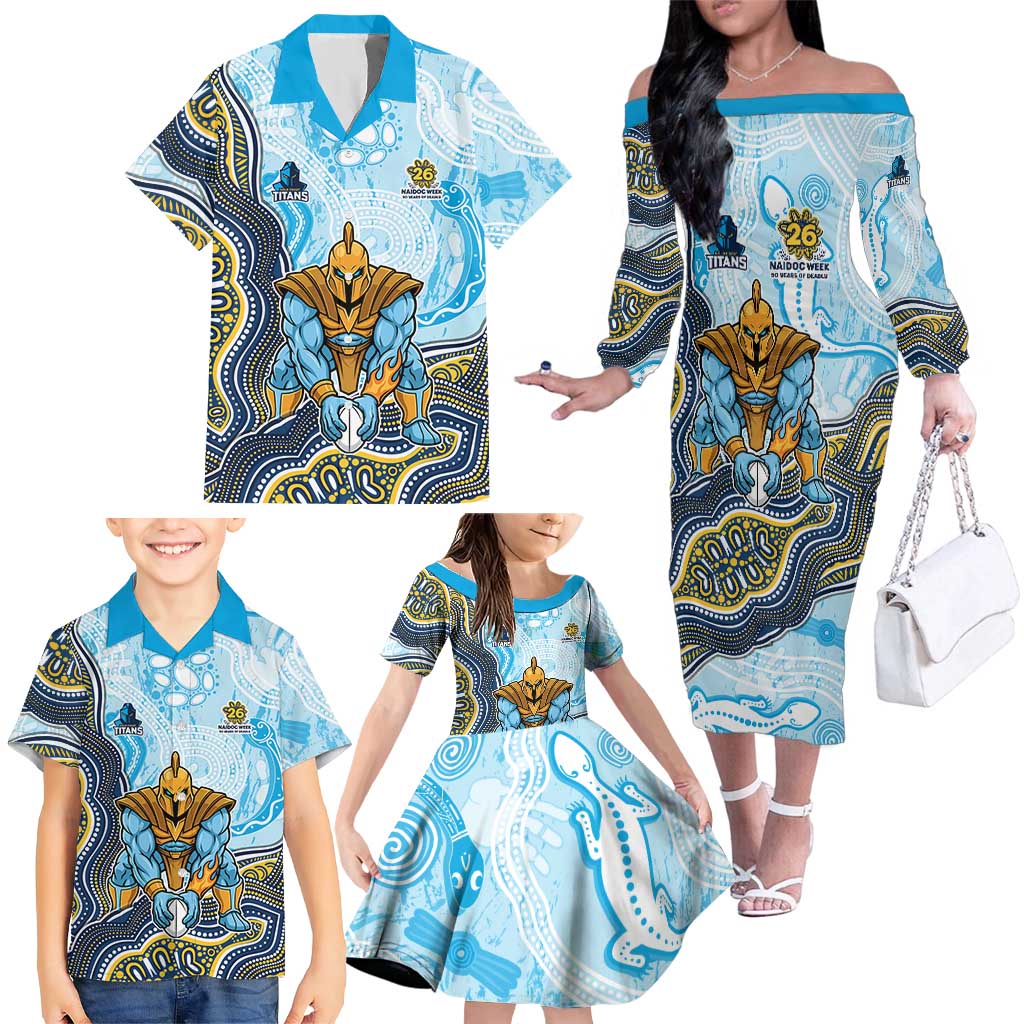 Gold Coast Titans NAIDOC Week 2026 Family Matching Off The Shoulder Long Sleeve Dress and Hawaiian Shirt First Nations of Australia Aboriginal Mascot Rugby
