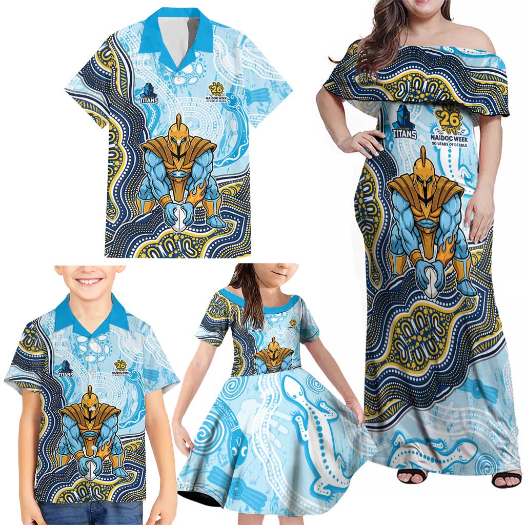 Gold Coast Titans NAIDOC Week 2026 Family Matching Off Shoulder Maxi Dress and Hawaiian Shirt First Nations of Australia Aboriginal Mascot Rugby