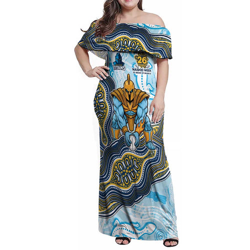 Gold Coast Titans NAIDOC Week 2026 Family Matching Off Shoulder Maxi Dress and Hawaiian Shirt First Nations of Australia Aboriginal Mascot Rugby