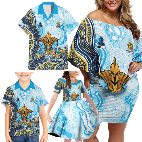 Gold Coast Titans NAIDOC Week 2026 Family Matching Off Shoulder Short Dress and Hawaiian Shirt First Nations of Australia Aboriginal Mascot Rugby