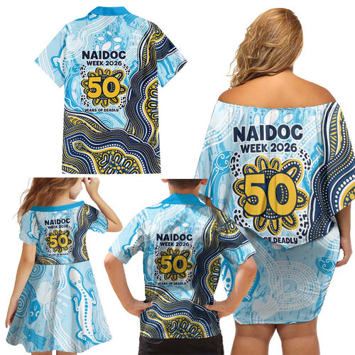 Gold Coast Titans NAIDOC Week 2026 Family Matching Off Shoulder Short Dress and Hawaiian Shirt First Nations of Australia Aboriginal Mascot Rugby