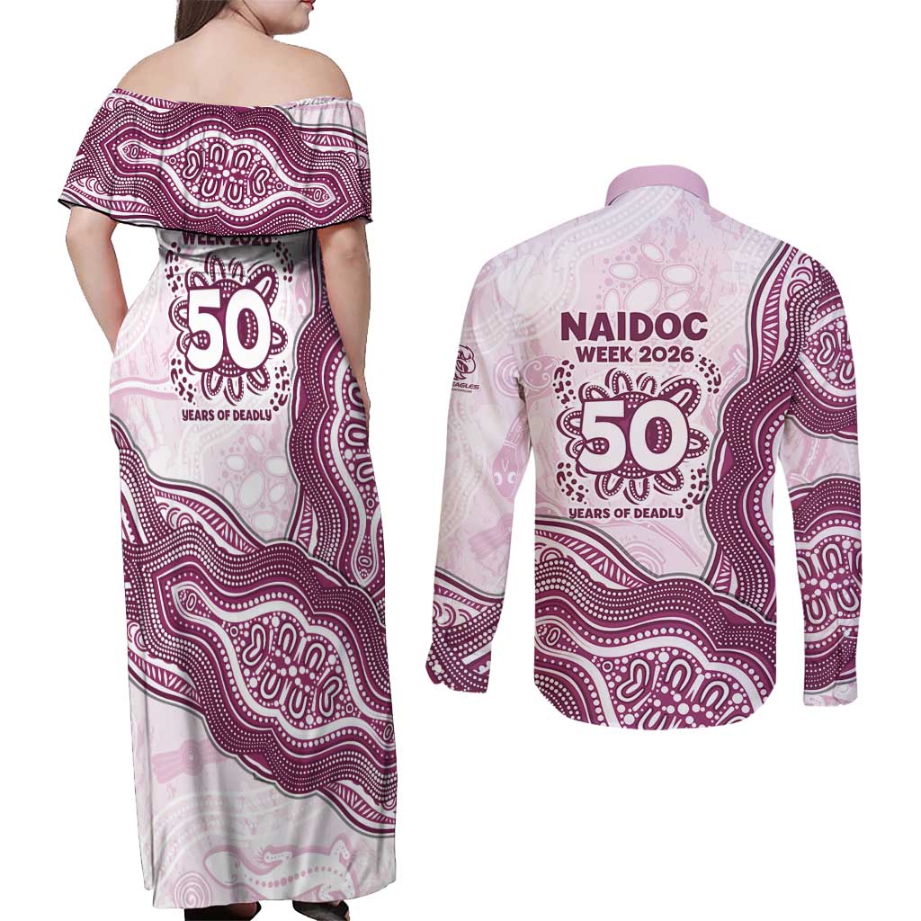 Manly Warringah Sea Eagles NAIDOC Week 2026 Couples Matching Off Shoulder Maxi Dress and Long Sleeve Button Shirt First Nations of Australia Aboriginal Mascot Rugby
