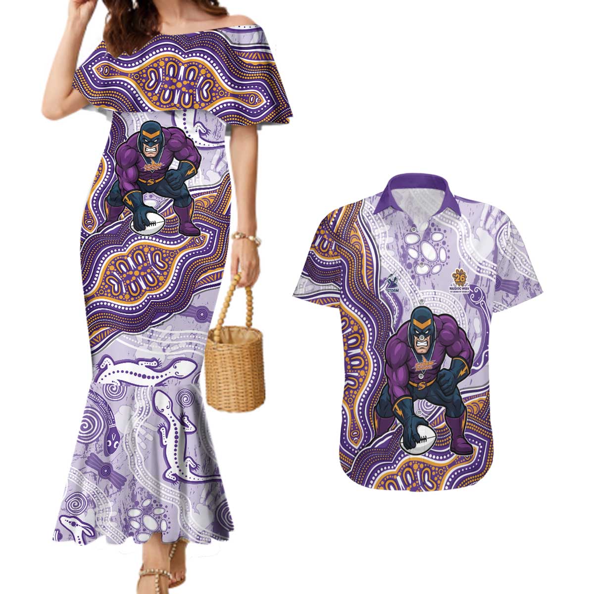 Melbourne Storm NAIDOC Week 2026 Couples Matching Mermaid Dress and Hawaiian Shirt First Nations of Australia Aboriginal Mascot Rugby