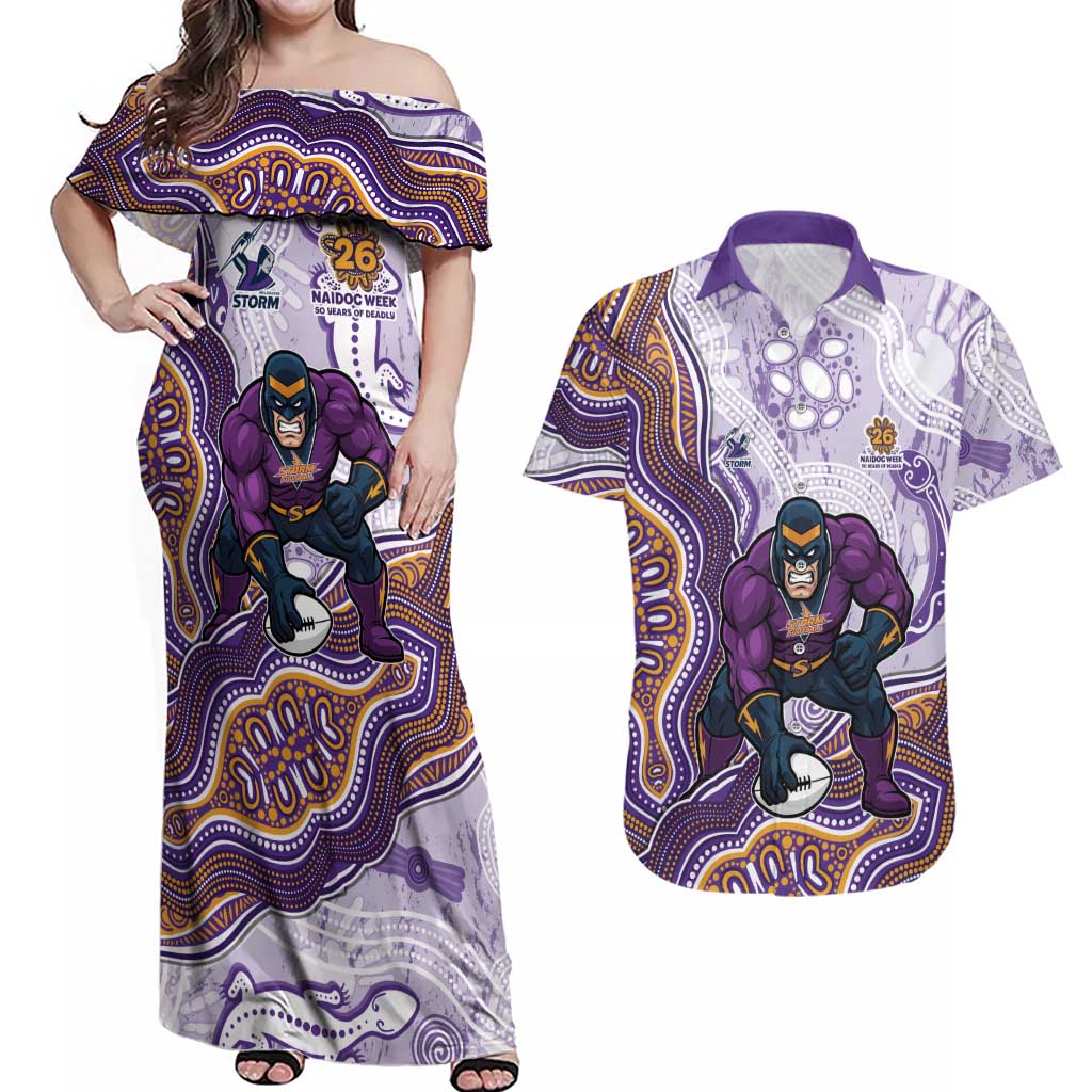Melbourne Storm NAIDOC Week 2026 Couples Matching Off Shoulder Maxi Dress and Hawaiian Shirt First Nations of Australia Aboriginal Mascot Rugby