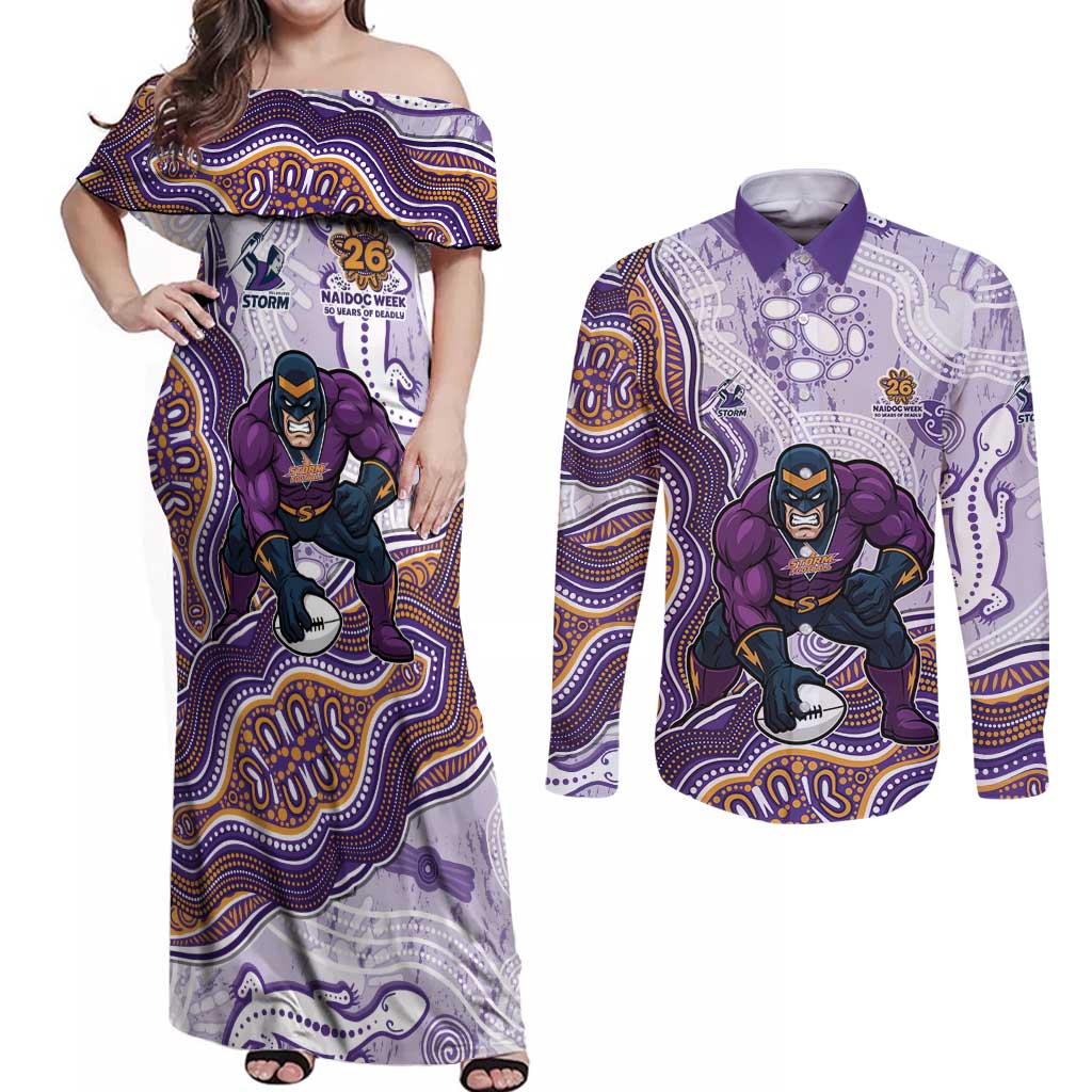 Melbourne Storm NAIDOC Week 2026 Couples Matching Off Shoulder Maxi Dress and Long Sleeve Button Shirt First Nations of Australia Aboriginal Mascot Rugby