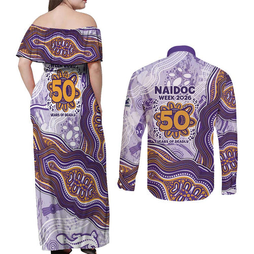Melbourne Storm NAIDOC Week 2026 Couples Matching Off Shoulder Maxi Dress and Long Sleeve Button Shirt First Nations of Australia Aboriginal Mascot Rugby