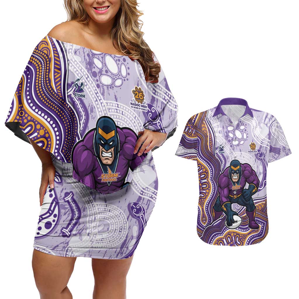 Melbourne Storm NAIDOC Week 2026 Couples Matching Off Shoulder Short Dress and Hawaiian Shirt First Nations of Australia Aboriginal Mascot Rugby