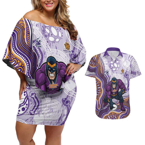 Melbourne Storm NAIDOC Week 2026 Couples Matching Off Shoulder Short Dress and Hawaiian Shirt First Nations of Australia Aboriginal Mascot Rugby