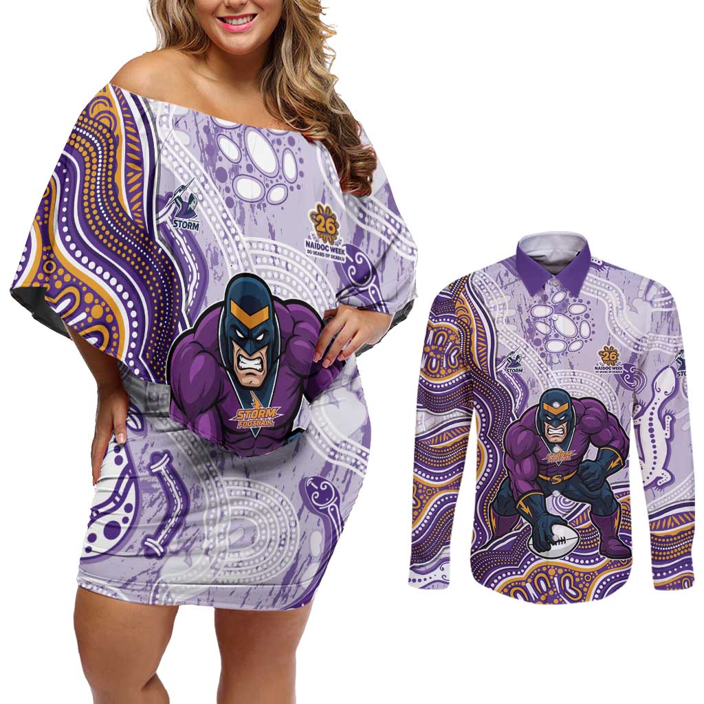 Melbourne Storm NAIDOC Week 2026 Couples Matching Off Shoulder Short Dress and Long Sleeve Button Shirt First Nations of Australia Aboriginal Mascot Rugby