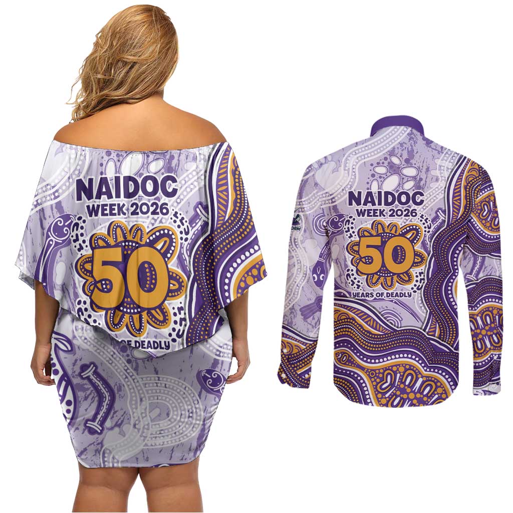 Melbourne Storm NAIDOC Week 2026 Couples Matching Off Shoulder Short Dress and Long Sleeve Button Shirt First Nations of Australia Aboriginal Mascot Rugby