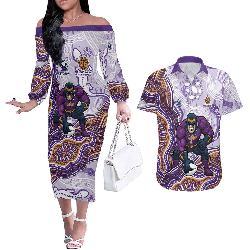 Melbourne Storm NAIDOC Week 2026 Couples Matching Off The Shoulder Long Sleeve Dress and Hawaiian Shirt First Nations of Australia Aboriginal Mascot Rugby