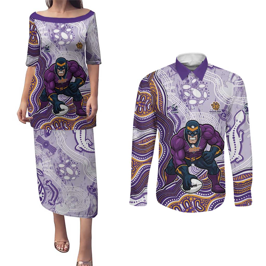 Melbourne Storm NAIDOC Week 2026 Couples Matching Puletasi and Long Sleeve Button Shirt First Nations of Australia Aboriginal Mascot Rugby