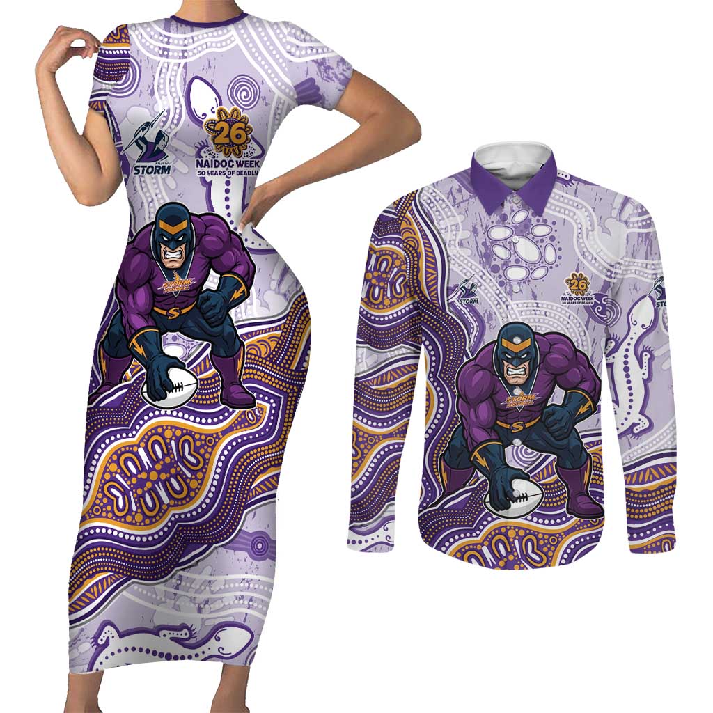Melbourne Storm NAIDOC Week 2026 Couples Matching Short Sleeve Bodycon Dress and Long Sleeve Button Shirt First Nations of Australia Aboriginal Mascot Rugby