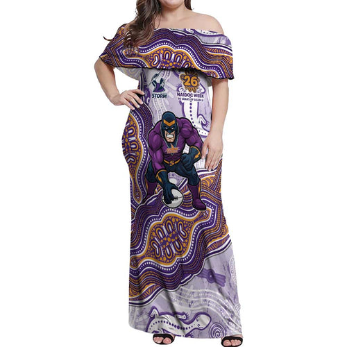 Melbourne Storm NAIDOC Week 2026 Off Shoulder Maxi Dress First Nations of Australia Aboriginal Mascot Rugby