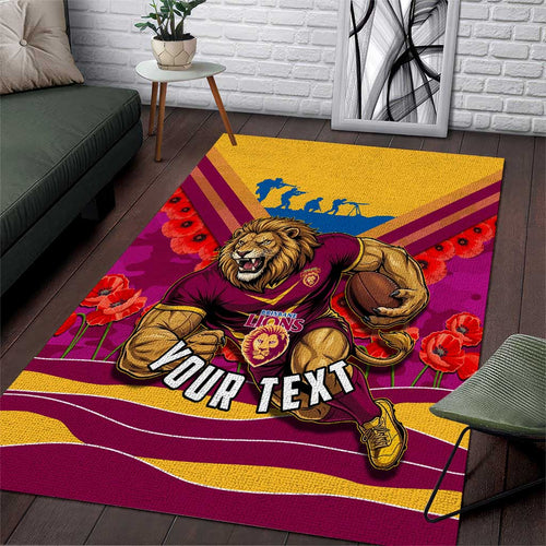 Personalised Brisbane Lions ANZAC Area Rug Military Remembrance Australian Football Mascot Camouflage